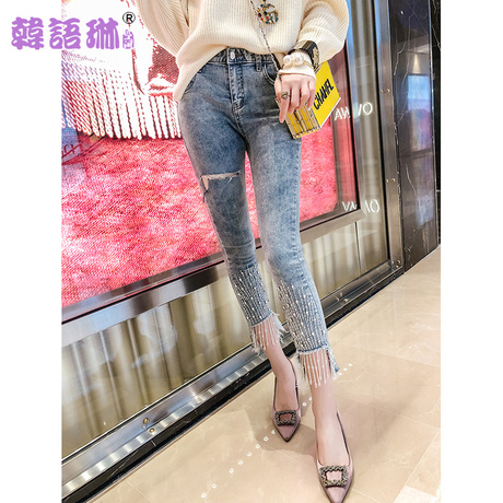 韩语琳秋冬牛仔裤2018新款女装韩版高腰显瘦裤子休闲裤修身九分裤商品大图