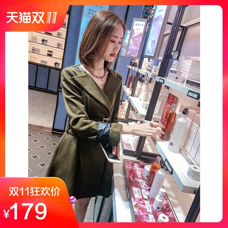 韩语琳2018秋冬新款女装韩版收腰绑带中长款长袖修身毛呢外套大衣商品大图