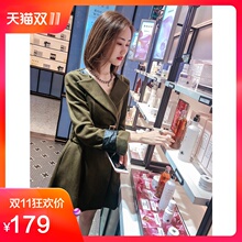 韩语琳2018秋冬新款女装韩版收腰绑带中长款长袖修身毛呢外套大衣图片