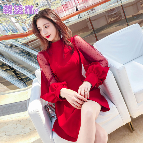 韩语琳秋装红色裙子2018新款女装潮韩版性感网纱拼接灯笼袖连衣裙商品大图