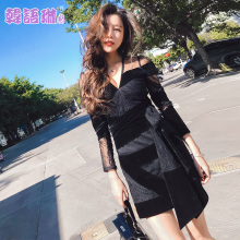 韩语琳空间2018秋装新款女装韩版修身性感网纱拼接V领长袖连衣裙图片
