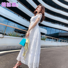 韩语琳秋季2018新款女装裙子韩版性感高腰白色蕾丝连衣裙短袖长裙图片