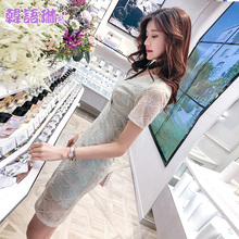 韩语琳裙子夏季2018新款女装韩版修身V领短袖网纱连衣裙中长裙女图片