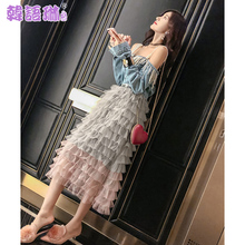韩语琳秋款2018新款女装韩版高腰网纱蛋糕裙子中长裙半身裙A字裙图片