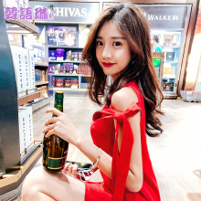 韩语琳空间红色连衣裙春夏季2018新款女装潮性感露肩无袖短款裙子图片