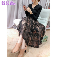 韩语琳秋装长袖裙子2018新款女装韩版高腰修身V领连衣裙中长裙女图片