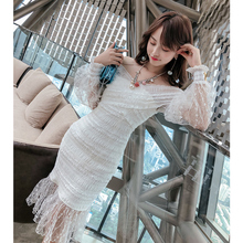 韩语琳秋装雪纺中长裙2018女装新款韩版性感露肩裙子蕾丝连衣裙女图片