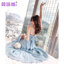 韩语琳雪纺裙子夏季女装2018新款高腰性感露背吊带连衣裙中长裙女图片