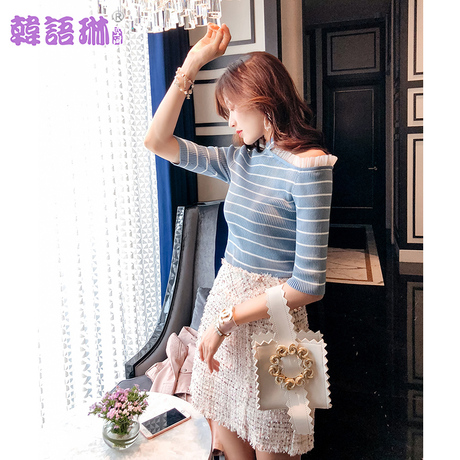 韩语琳秋装短款针织衫2018女装新款韩版气质修身打底衫露肩女上衣商品大图