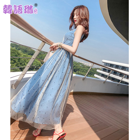 韩语琳秋季2018韩版女装裙子性感高腰网纱无袖连衣裙拼接显瘦长裙商品大图