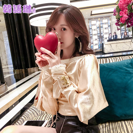 韩语琳秋装新款衬衫2018女装韩版时尚气质一字肩收腰显瘦长袖上衣商品大图