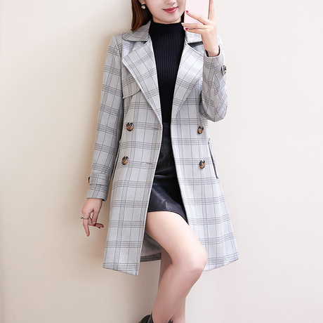 宝络依风衣女秋季2018新款中长款格子外套韩版胖mm200斤大码女装商品大图