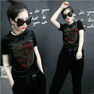 2019春夏新款运动套装女士韩版金丝绒彩钻大码半袖显瘦卫衣休闲服