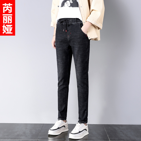 芮丽娅加绒牛仔裤女秋冬2018新款黑色松紧腰抽绳学生休闲哈伦裤子商品大图