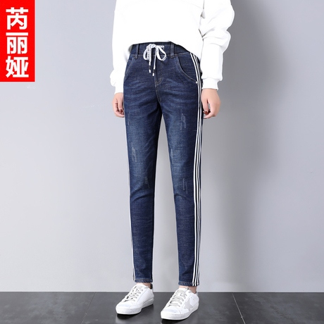 芮丽娅加绒加厚牛仔裤女冬2018新款高腰系带字母侧条纹学生哈伦裤商品大图