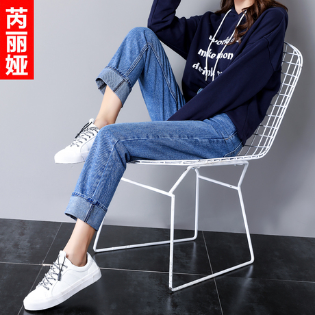 芮丽娅牛仔裤女宽松bf秋季2018新款韩版翻边阔腿学生显瘦直筒裤子商品大图