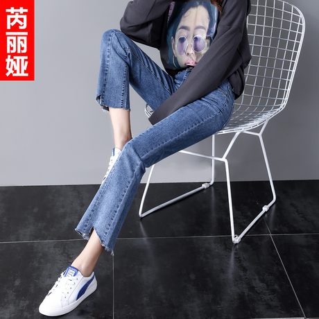 芮丽娅牛仔裤女春秋2018新款拼接韩版弹力显瘦不规则毛边微喇女裤商品大图