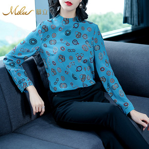 Mulee/慕立2018新款印花秋季上衣显瘦真丝T恤衫长袖女桑蚕丝修身