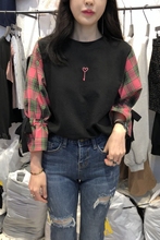 格子拼接绑带袖 韩国东大门2019春夏款 现货 上衣女甜美爱心T恤卫衣