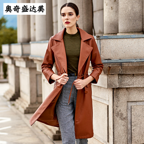 长款皮衣女外套2018秋冬新款女装综色西装领韩版PU皮中长款皮风衣商品大图
