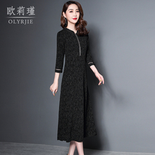 秋装2019年新款女时尚钉珠流苏复古连衣裙中长款黑色长裙气质显瘦