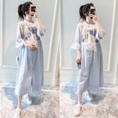 宽松长款 中长袖 潮妈孕妇连衣裙 条纹刺绣衬衫 春夏装 韩版 新款 孕妇装
