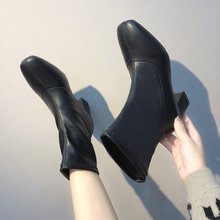 2018秋冬新款袜靴弹力短靴加绒保暖短筒单靴方头黑色靴粗跟女靴子
