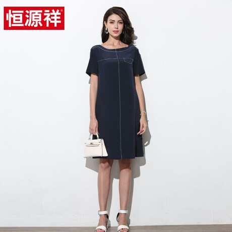 恒源祥2019夏新品中长款真丝连衣裙女明线宽松短袖桑蚕丝裙子商品大图