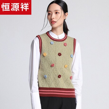 恒源祥羊绒衫女圆领背心无袖2018秋冬纯山羊绒绣花毛衣针织衫马甲商品大图