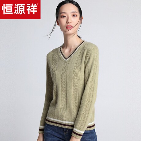 恒源祥2018秋冬纯羊绒衫女装休闲线条撞色V领毛衣套头绞花针织衫商品大图