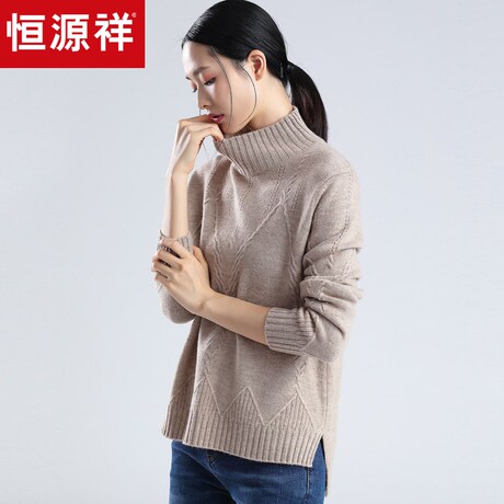 恒源祥2018秋冬纯羊毛衫女套头半高领针织衫宽松绞花毛衣前短后长商品大图