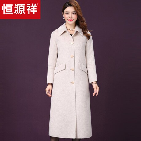 恒源祥2018娃娃领羊毛大衣女纯色过膝毛呢外套单排扣秋冬呢子大衣商品大图