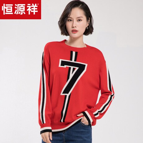 恒源祥羊毛羊绒混纺针织衫女2018秋冬装圆领提花毛衣套头休闲上衣商品大图