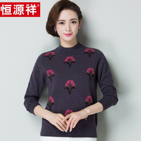 恒源祥羊毛衫女秋冬季新款圆领针织衫中年妈妈装套头毛衣女装上衣商品大图