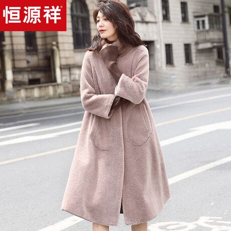 恒源祥纯羊毛保暖颗粒纹大衣女中长款水貂毛立领外套 七分袖毛呢商品大图