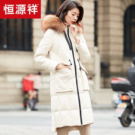 恒源祥貉子毛领羽绒服女中长款连帽白鸭绒外套2018冬抽绳收腰大衣商品大图