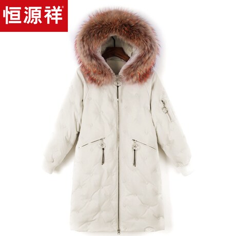 恒源祥卡通绣花图案羽绒服女中长款2018秋冬貉子毛领保暖外套大衣商品大图