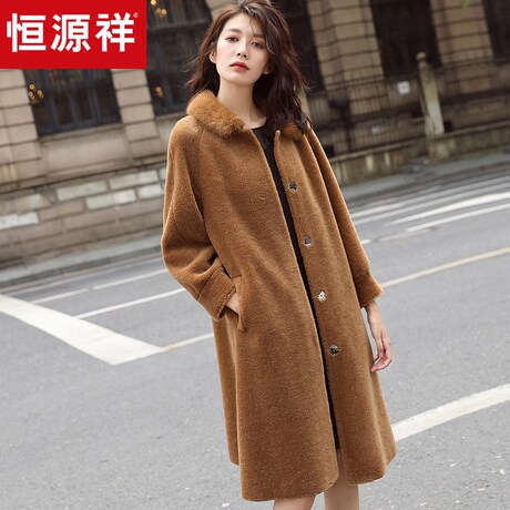 恒源祥纯羊毛颗粒纹大衣女冬中长款2018新款水貂毛娃娃领呢子外套商品大图