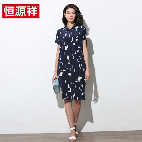 恒源祥2019春夏新款真丝短袖宽松连衣裙女士中长款桑蚕丝裙子商品大图