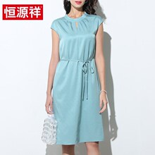 恒源祥2019春夏新款真丝连衣裙女士中长款纯色桑蚕丝短袖裙子图片