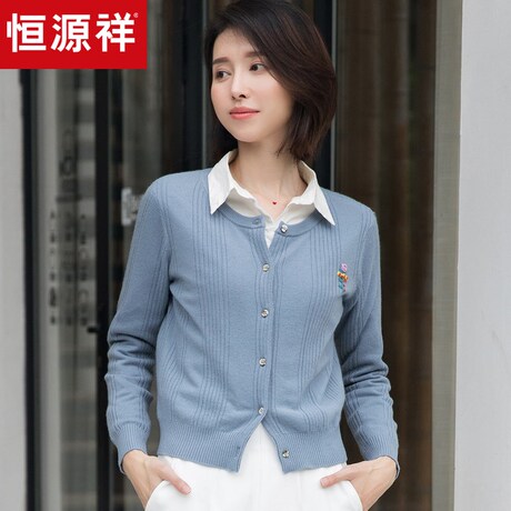 恒源祥纯羊绒开衫女秋冬新款外搭针织衫圆领羊绒衫单排扣毛衣外套商品大图