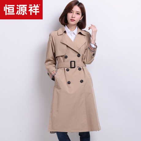 恒源祥2018秋冬季新款外套休闲工装复古双排扣中长款风衣女装系带商品大图
