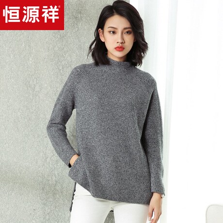恒源祥慵懒风厚毛衣女宽松秋冬花线纯羊绒衫半高领针织衫前短后长商品大图