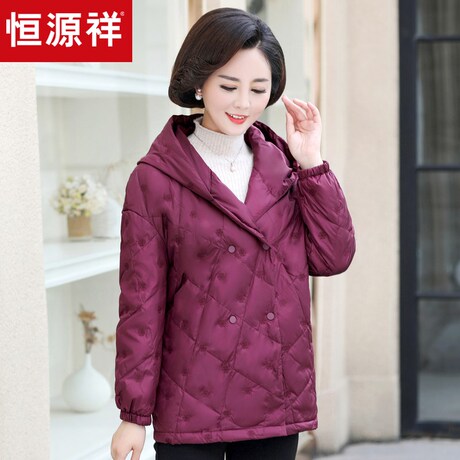 恒源祥羽绒服女连帽冬装拉链白鸭绒时尚面包服刺绣双排扣纯色外套商品大图