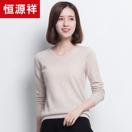 恒源祥羊绒衫套头女V领秋冬新款纯山羊绒鸡心领纯色打底衫毛衣女商品大图
