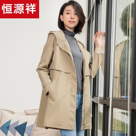 恒源祥休闲连帽风衣女装2018秋冬季宽松纯色风衣外套中长款大衣商品大图