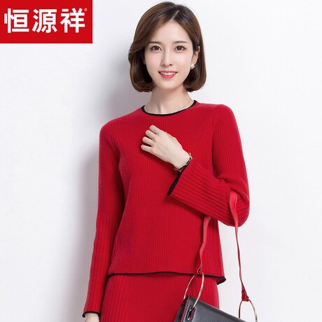 恒源祥羊绒衫女圆领秋冬纯羊绒毛衣套头喇叭袖高腰短款打底针织衫商品大图