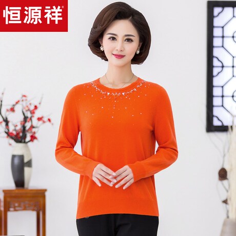 恒源祥圆领套头羊绒衫秋冬女装针织衫时尚纯色打底衫镶钻钉珠毛衣商品大图