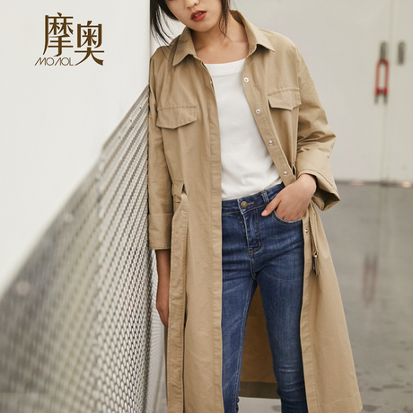 摩奥女装2018秋季新款宽松韩版抽绳chic休闲小方领中长款风衣外套商品大图