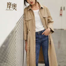 摩奥女装2018秋季新款宽松韩版抽绳chic休闲小方领中长款风衣外套图片
